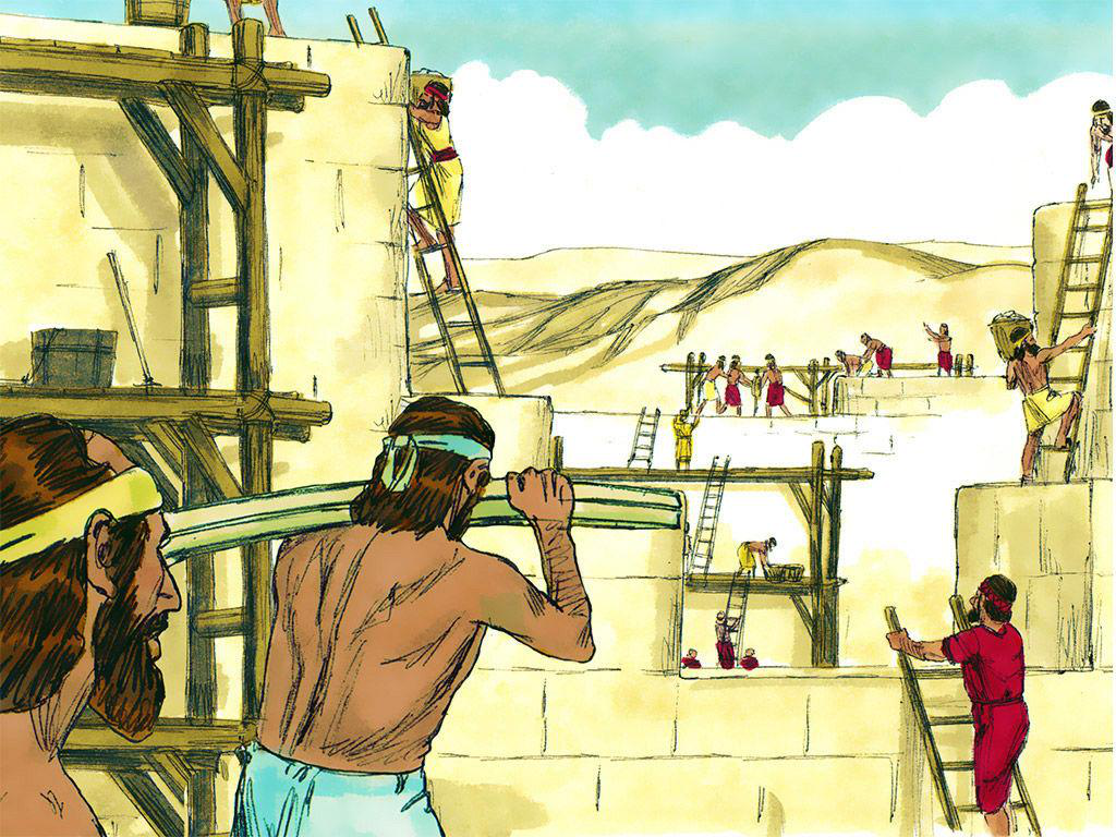 Nehemia en zijn helpers bouwen de muur