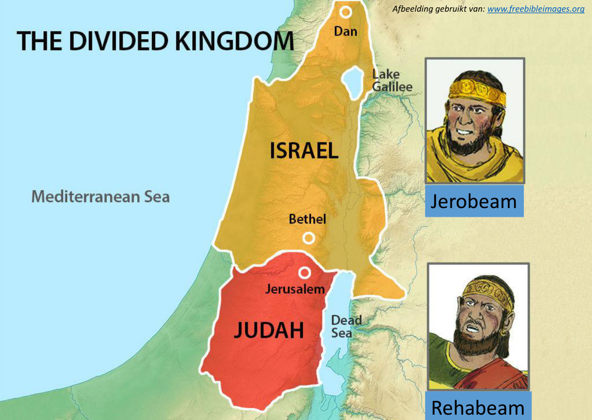 Kaart van het verdeelde rijk: Israël met Jerobeam, Juda met Rehabeam